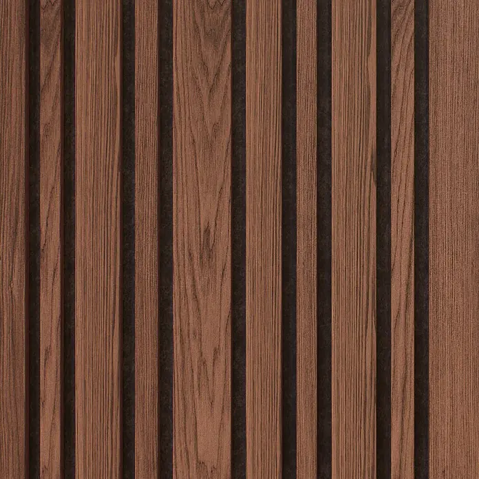 CanDo Akustikpaneel Blend - Walnuss, 2.600 x 300 x 17 mm, 2 Stk. - Braune Holzlamellenwand mit dunklen Zwischenräumen, ideal für Wandverkleidung.
