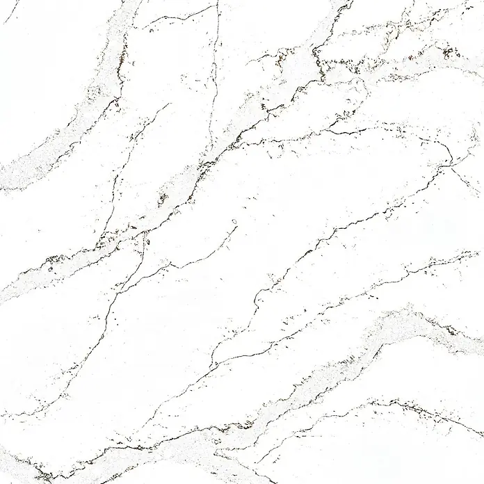 Wetwall Wandpaneel Alloy - 60 x 244 cm, Calacatta Volegno - Weiße Marmoroberfläche mit komplexer grauer und brauner Maserung.