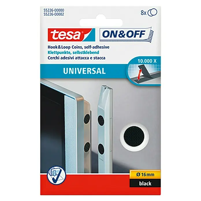 Tesa ON & OFF Klettpunkt - 8 Stk., Durchmesser: 16 mm, Selbstklebend - Tesa ON&OFF Klettpunkte, selbstklebende Haken und Schlaufen, 16 mm Durchmesser, in Schwarz, ideal zum Befestigen und einfachen Entfernen von Gegenständen.