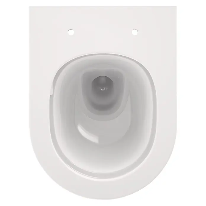 Camargue Wand-WC-Set Pico 50 - Spülrandlos, Ohne Spezialglasur, Spülform: Tief, WC Abgang: Waagerecht, Weiß - Weißes Toilettenbecken mit Innenbecken und Sitzbefestigungslöchern.