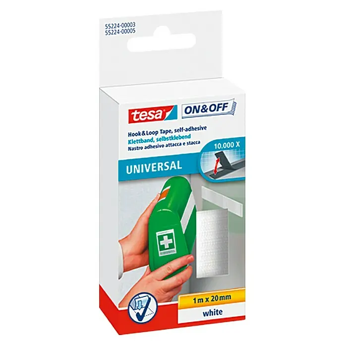 Tesa ON & OFF Klettband - Weiß, 1 m x 20 mm, Selbstklebend - Packung Tesa ON&OFF Klettband, selbstklebend, Universal, 1 m x 20 mm, weiß. Ideal zum Befestigen von Gegenständen im Haushalt und Büro.
