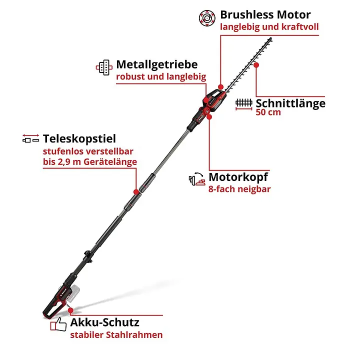 Einhell Professional Teleskop-Heckenschere GP-HH 18/50 Li T BL-Solo - 18 V, Li-Ionen, Anzahl Akkus: Ohne Akku, Schnittlänge: 50 cm - Schwarz-roter Teleskop-Heckenschneider mit 50cm Schnittlänge, bürstenlosem Motor und 8-fach neigbarem Kopf, ausziehbar bis 2,9m.