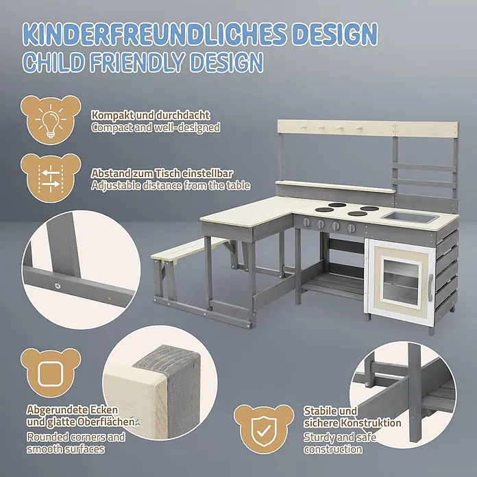 ECD Germany Matschküche Kinderküche Spielküche mit Tisch Sitzbank Tafel Küchenzubehör Outdoor - 151 x 71,5 x 98,5 cm, Holz, Lila, Beige, Grau - Grau-helle Holz-Kinderspielküche mit Herd, Spüle, Ofen und Bank. Mit abgerundeten Ecken und verstellbarem Tischabstand.