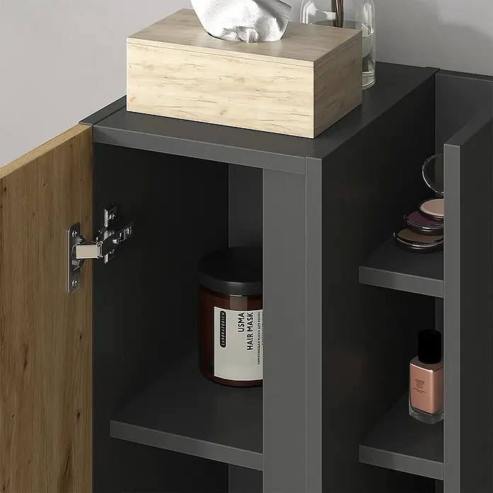 Vicco Badmöbel-Set Edelin Anthrazit/Artisan 4 Teile - Gesamtbreite Badmöbel: 135 cm, Anthrazit, Matt - Dunkelgrauer Badezimmerschrank mit offener Holztür, zeigt Einlegeböden und Scharnier. Enthält Pflegeprodukte und Kosmetik.