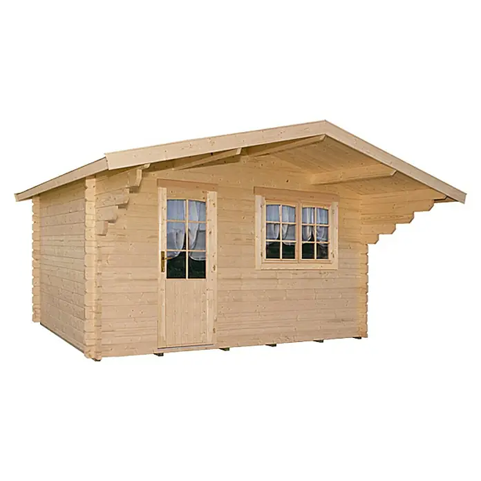 Kiehnholz Gartenhaus Östersund 2 - Außenmaß inkl. Dachüberstand (B x T): 437 x 423 cm, Holz, Natur - Ein einladendes Holzgartenhaus mit Fenstern und einer Tür, perfekt für einen ruhigen Rückzugsort im Grünen.