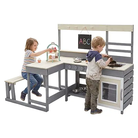 ECD Germany  Matschküche Kinderküche Spielküche mit Tisch Sitzbank Tafel Küchenzubehör Outdoor