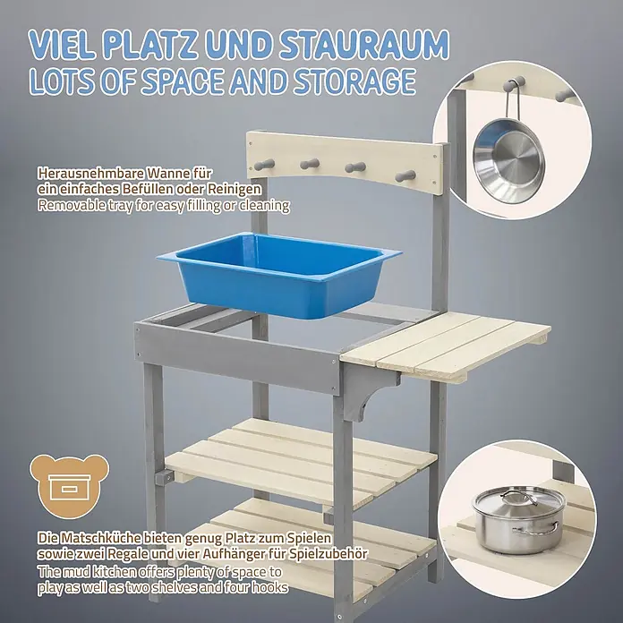 ECD Germany Matschküche - 62 x 37 x 82 cm, Holz, Lila, Beige, Blau - Hölzerne Matschküche mit grauem Rahmen, hellen Holzregalen und abnehmbarer blauer Wanne. Mit Haken und mehreren Ablageflächen.