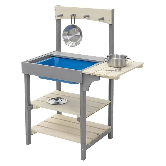 ECD Germany Matschküche - 62 x 37 x 82 cm, Holz, Lila, Beige, Blau - Hölzerne Matschküche mit grauem Rahmen, hellen Holzflächen, blauer Spüle und Spielzeug-Edelstahltopf, -pfanne und -spatel.