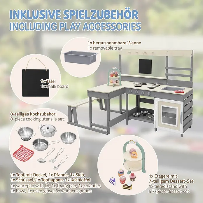 ECD Germany Matschküche Kinderküche Spielküche mit Tisch Sitzbank Tafel Küchenzubehör Outdoor - 151 x 71,5 x 98,5 cm, Holz, Lila, Beige, Grau - Hölzerne Kinder-Spielküche in Grau/Hellholz mit Spüle, Kochfeld, Ofen, integrierter Bank und Zubehör wie Utensilien, Geschirr und Desserts.