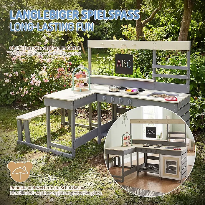 ECD Germany Matschküche Kinderküche Spielküche mit Tisch Sitzbank Tafel Küchenzubehör Outdoor - 151 x 71,5 x 98,5 cm, Holz, Lila, Beige, Grau - Robuste Spielküche aus grauem/hellem Holz mit Herd, Spüle, Tafel und Bank, für drinnen und draußen geeignet.