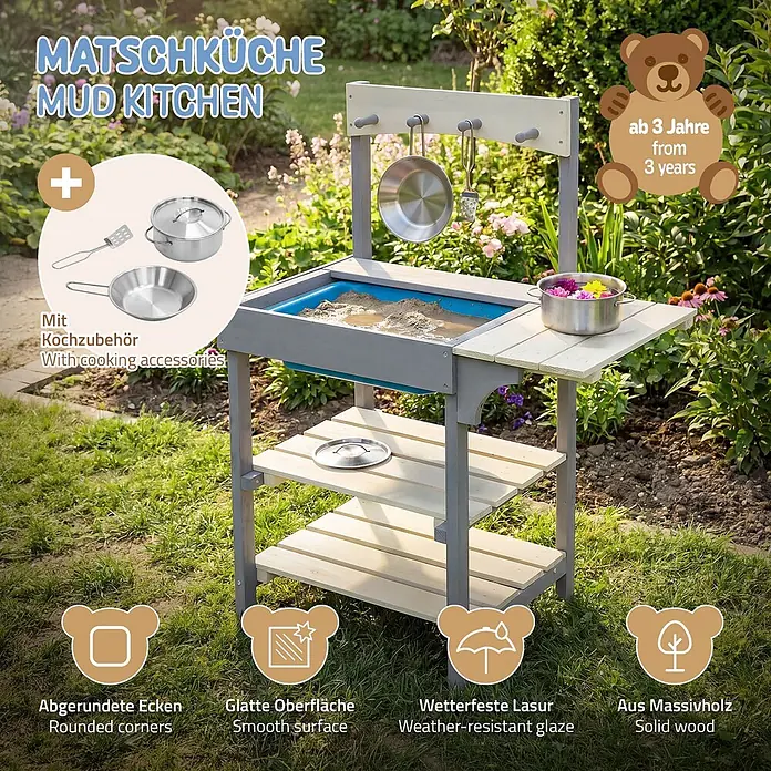 ECD Germany Matschküche - 62 x 37 x 82 cm, Holz, Lila, Beige, Blau - Eine Matschküche aus Holz mit grauen und hellen Elementen, Spüle mit Matsch, Regalen und Haken für Kochzubehör, im Garten.