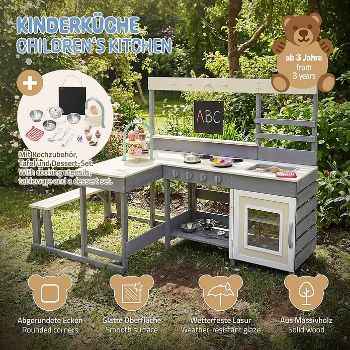 ECD Germany Matschküche Kinderküche Spielküche mit Tisch Sitzbank Tafel Küchenzubehör Outdoor - 151 x 71,5 x 98,5 cm, Holz, Lila, Beige, Grau - L-förmige Kinder-Spielküche aus Holz mit Sitzbank, Kochzubehör und Dessert-Set, ideal für den Außenbereich.