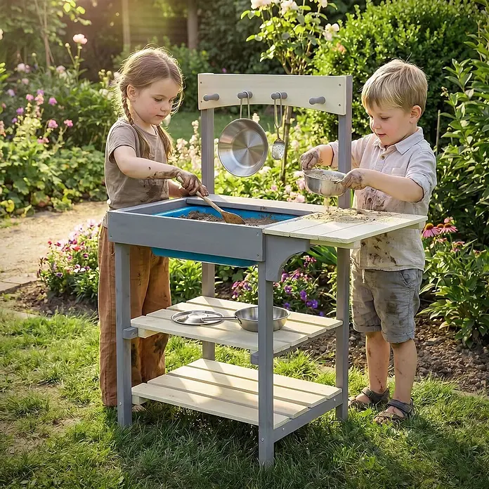 ECD Germany Matschküche - 62 x 37 x 82 cm, Holz, Lila, Beige, Blau - Zwei Kinder spielen mit einer Matschküche aus grauem und hellem Holz, mit blauer Wanne und Regalen, gefüllt mit Sand und Spielzeuggeschirr, im sonnigen Garten.