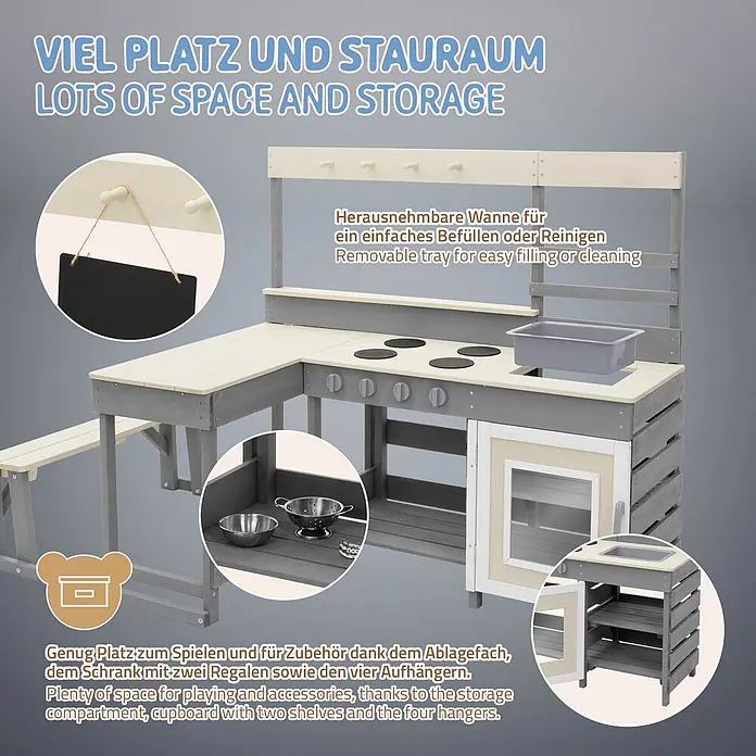 ECD Germany Matschküche Kinderküche Spielküche mit Tisch Sitzbank Tafel Küchenzubehör Outdoor - 151 x 71,5 x 98,5 cm, Holz, Lila, Beige, Grau - Hölzerne L-förmige Spielküche mit Spüle, Kochfeld, Ofen, Stauraum, Tafel & Haken in Grau und Hellholz.