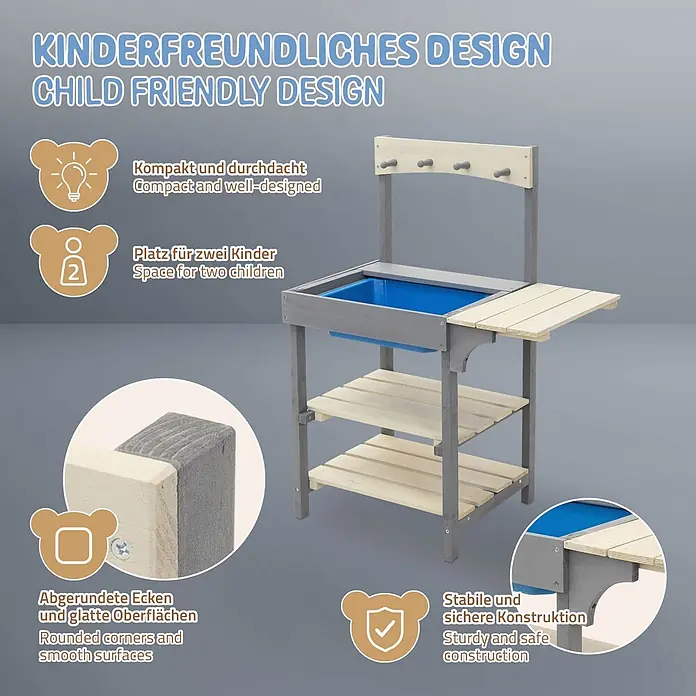 ECD Germany Matschküche - 62 x 37 x 82 cm, Holz, Lila, Beige, Blau - Grau-hellholzfarbene Kinder-Matschküche mit blauer Wanne, Regalen und Haken.