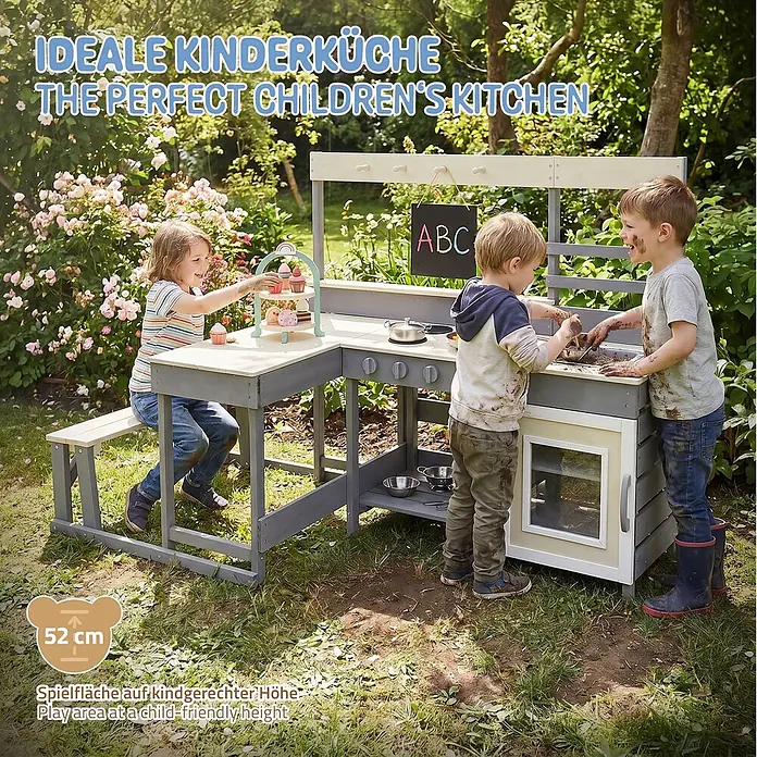ECD Germany Matschküche Kinderküche Spielküche mit Tisch Sitzbank Tafel Küchenzubehör Outdoor - 151 x 71,5 x 98,5 cm, Holz, Lila, Beige, Grau