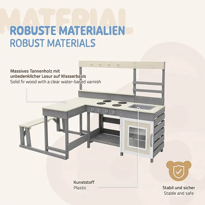 ECD Germany Matschküche Kinderküche Spielküche mit Tisch Sitzbank Tafel Küchenzubehör Outdoor - 151 x 71,5 x 98,5 cm, Holz, Lila, Beige, Grau - L-förmige Outdoor-Spielküche mit Picknickbank, aus hellem und grauem Tannenholz mit Kunststoffdetails.