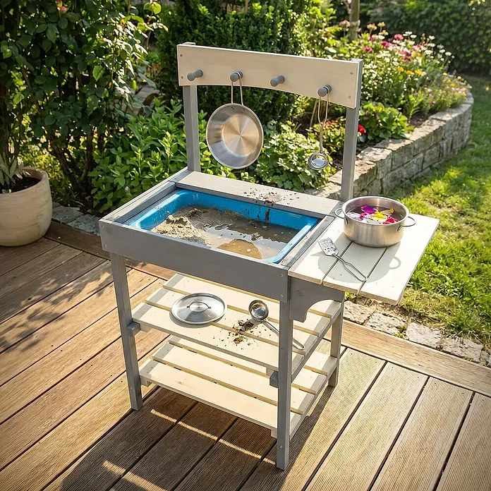 ECD Germany Matschküche - 62 x 37 x 82 cm, Holz, Lila, Beige, Blau - Hölzerne Matschküche mit grauem Rahmen und Holzelementen, blauer Wanne, Sand, Wasser und Spielzeugküchenzubehör auf einer Holzterrasse im Garten.