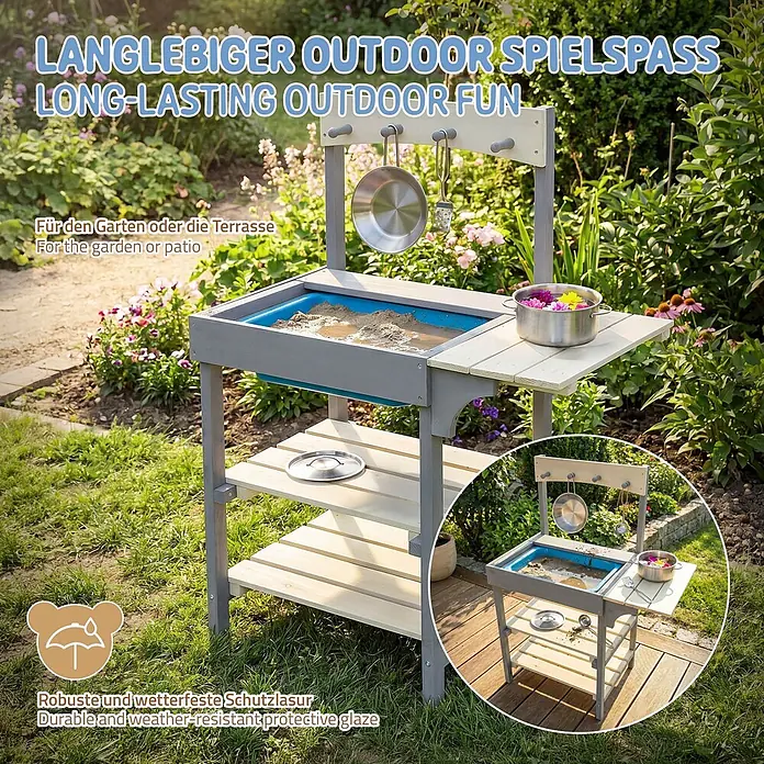 ECD Germany Matschküche - 62 x 37 x 82 cm, Holz, Lila, Beige, Blau - Graue und helle Holz-Matschküche für draußen mit blauem Becken, Ablagen und hängenden Utensilien, im Garten.