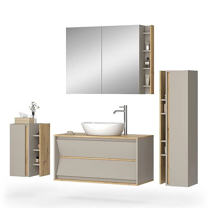 Vicco Badmöbel-Set Edelin Cashmere 4 Teile - Cashmere, Matt - Modernes Badmöbel-Set mit hellgrauen Schränken, Holzoptik-Akzenten, Spiegelschrank, Waschtisch mit Aufsatzbecken und Stauraum.