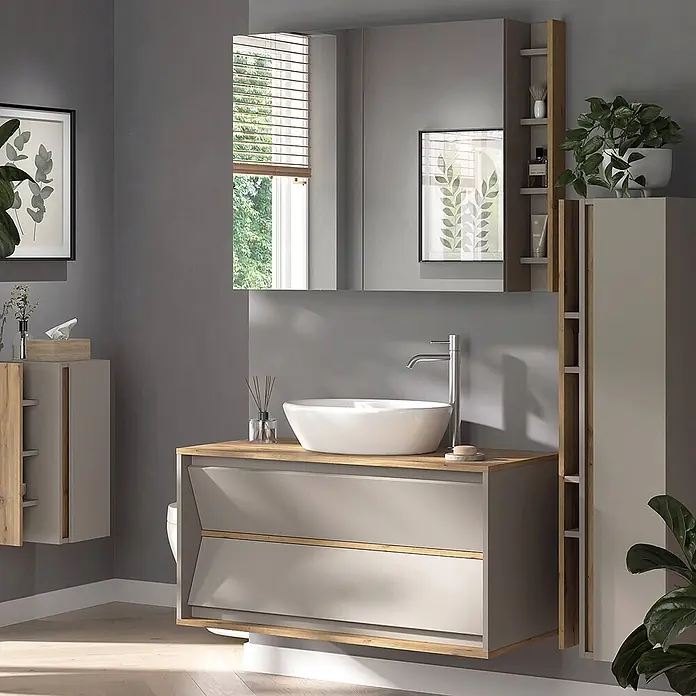 Vicco Badmöbel-Set Edelin Cashmere 4 Teile - Cashmere, Matt - Modernes Badezimmermöbel-Set mit hellgrauen Schränken, Holzdetails und Aufsatzwaschbecken. Beinhaltet Waschtisch, Spiegelschrank und Hochschrank.