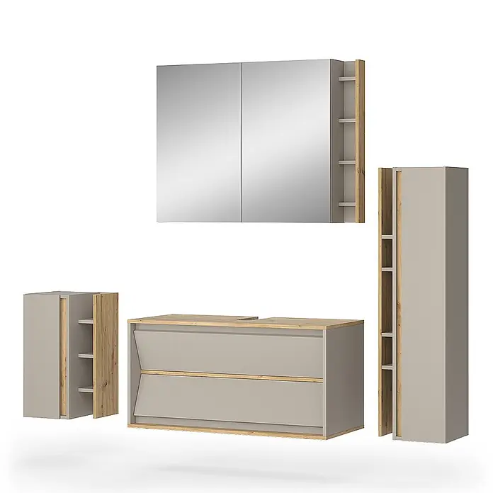 Vicco Badmöbel-Set Edelin Cashmere 4 Teile - Cashmere, Matt - Modernes Badmöbel-Set: Spiegelschrank, Waschtischunterschrank und Beistellschränke in Hellbeige mit heller Holzoptik.