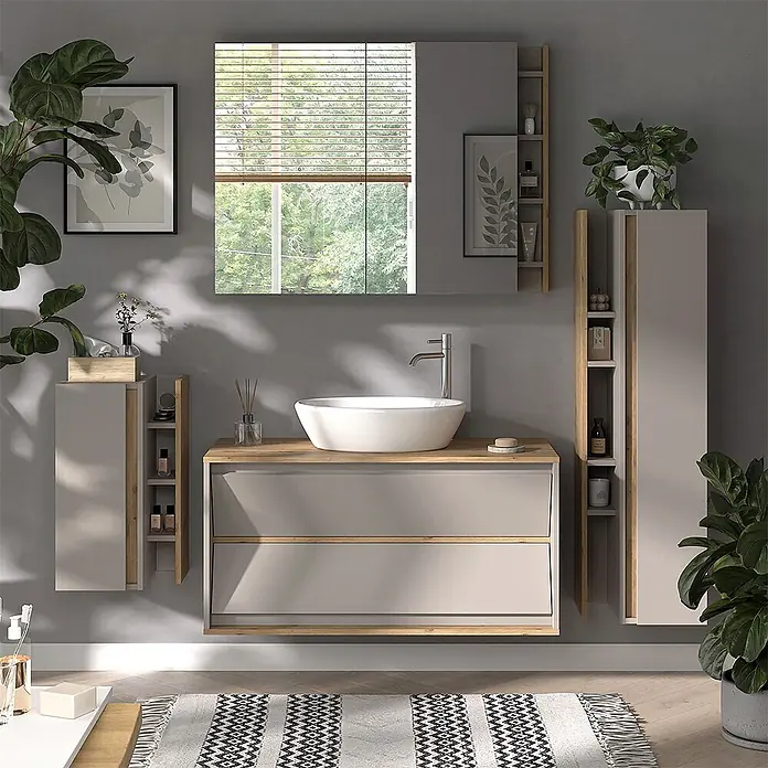 Vicco Badmöbel-Set Edelin Cashmere 4 Teile - Cashmere, Matt - Modernes Badmöbelset in Grau mit Holzdetails, Keramikwaschbecken und Spiegelschrank für Stauraum.