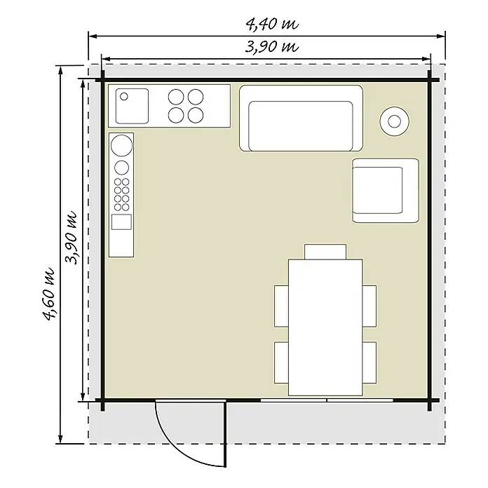 Kiehnholz Gartenhaus Pekkala - Außenmaß inkl. Dachüberstand (B x T): 455 x 453 cm, Wandstärke: 44 mm, Holz, Natur - Grundriss eines kleinen Hauses mit Küchenzeile, Essbereich und Sitzecke, Maße 4,60 m x 4,40 m.