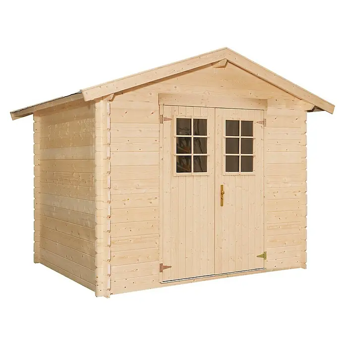 Kiehnholz Gartenhaus Kopenhagen 1 - Außenmaß inkl. Dachüberstand (B x T): 310 x 213 cm, Holz, Natur - Ein helles Holzgartenhaus mit Doppeltür und Fenstern unter einem Giebeldach. Ideal für die Aufbewahrung von Gartengeräten und mehr.