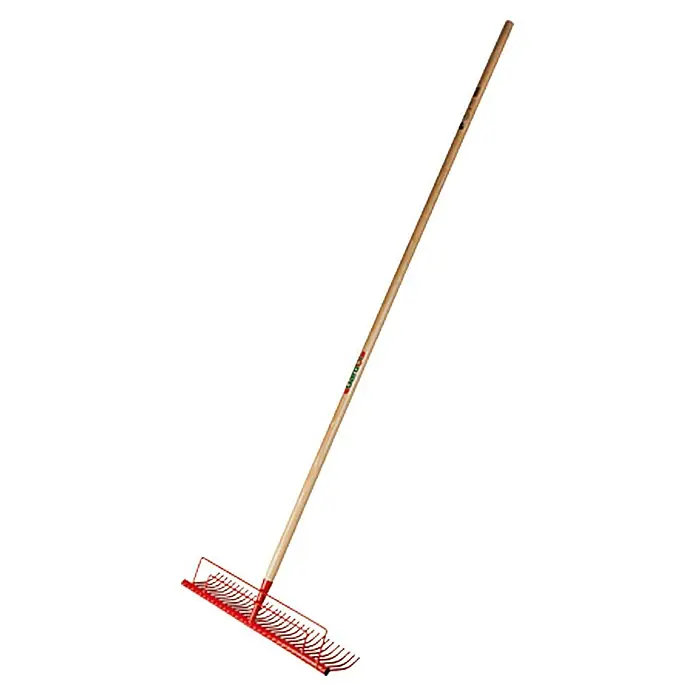 Gardol Rasenrechen - Arbeitsbreite: 58,5 cm, Anzahl Zinken: 32, Langstiel - Abbildung eines roten Rechens mit Holzgriff. Ideal für Gartenarbeiten und zur Laubbeseitigung.