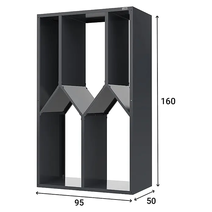 Weka Brennholzregal Gary - B x T x H: 95 x 50 x 160 cm, Metall, Anthrazit RAL 7016 - Dunkelgraues Metallregal mit drei vertikalen Fächern und zwei V-förmigen Zwischenböden.