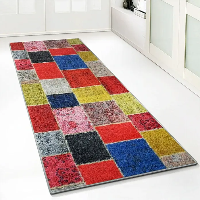 Teppichläufer Monsano - Bunt, 250 x 80 cm, 100 % Polyamid - Mehrfarbiger Patchwork-Läufer mit strukturierten Quadrat- und Rechteckmustern.