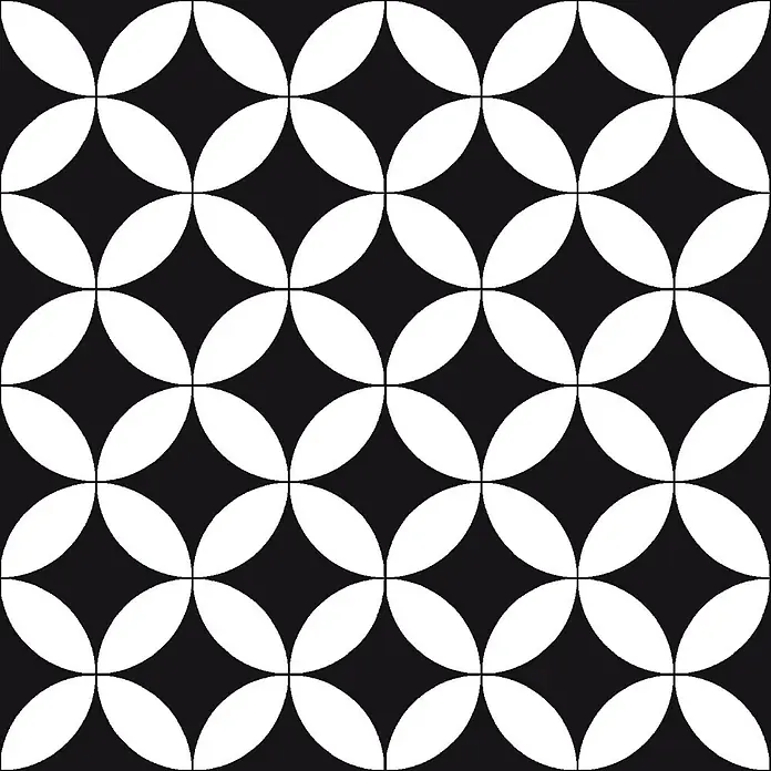 Feinsteinzeugfliese Casablanca - 20 x 20 cm, Chess, Matt - Nahtloses schwarz-weißes Muster aus sich überlappenden Kreisen, die Blütenformen bilden.