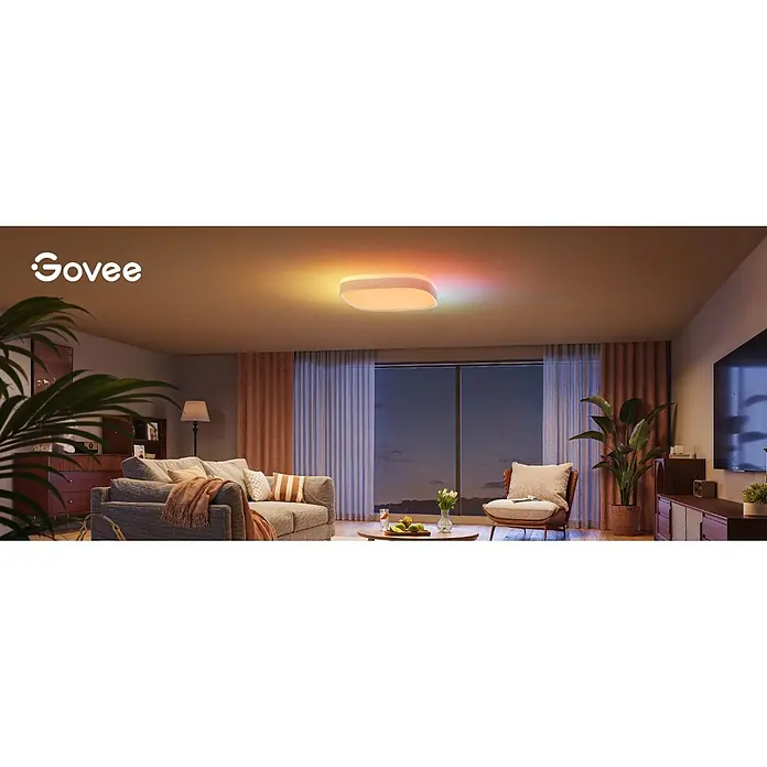 Govee LED-Deckenleuchte - 24 W, L x B x H: 30,48 x 30,4 x 3 cm, Weiß - Govee Smart-Deckenleuchte, farbig leuchtend, ein modernes Wohnzimmer in der Dämmerung erhellend.