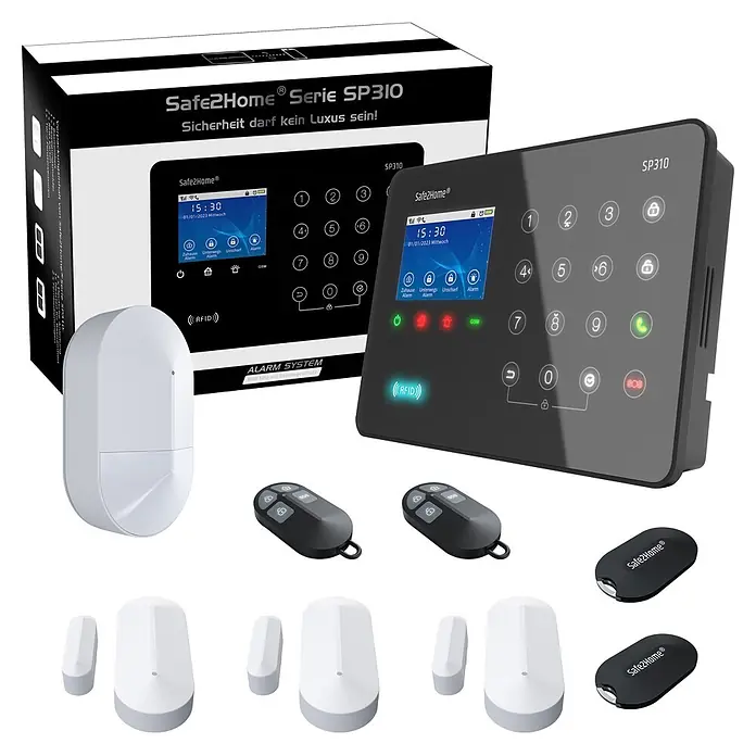 Safe2Home Alarmanlagen-Set Profi Serie SP310 - 9 -tlg., L x B x H: 195 x 136 x 31 mm - Safe2Home SP310 Alarmsystem-Kit: schwarzes Bedienfeld, weißer Bewegungsmelder, Schlüsselanhänger und weiße Sensoren.