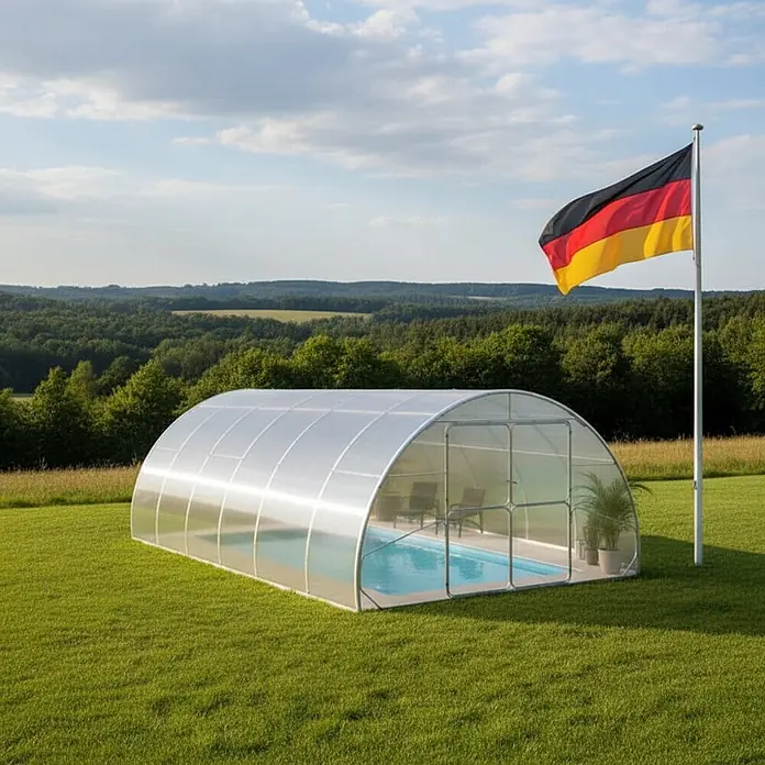 Garten Dream Poolüberdachung Serena, 4mm Polycarbonate - L x B x H: 1.000 x 400 x 230 cm - Gewölbte, transparente Poolüberdachung über einem Schwimmbecken mit Liegestühlen innen, im Freien.