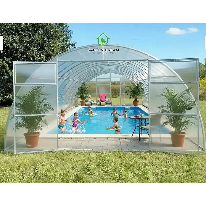 Garten Dream Poolüberdachung Sigma, 4mm Polycarbonate - L x B x H: 1.200 x 400 x 230 cm - Transparente, gewölbte Poolüberdachung schützt einen Außenpool mit schwimmenden Kindern.