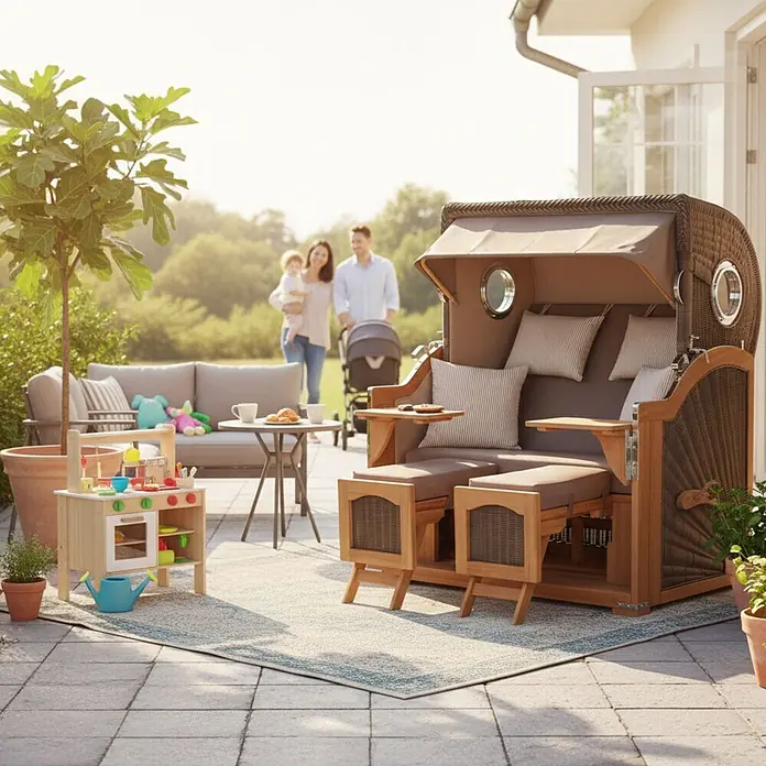 Mr. Deko Strandstuhl Strandkorb Düne Grande Bullauge Teak PE Grey Dessin 534 - 1 Stk., Teakholz. Polyrattan, Rückenlehne verstellbar, PE Grey - Brauner Strandkorb aus Holz und Geflecht mit Verdeck und Kissen auf der Terrasse.