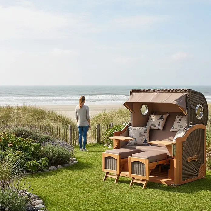 Mr. Deko Strandstuhl 1x Strandkorb Düne Grande Bullauge Teak PE Grey Dessin 540 - 1 Stk., Teakholz. Polyrattan, Rückenlehne verstellbar, Braun - Brauner Strandkorb aus Korbgeflecht und hellem Holz mit beigen Polstern, am Meer, Frau bewundert die Aussicht.