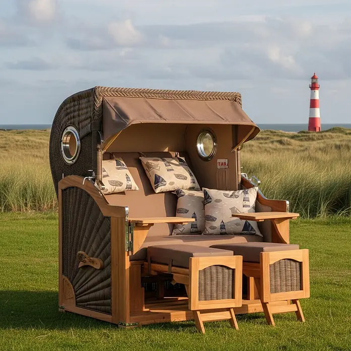 Mr. Deko Strandstuhl 1x Strandkorb Düne Grande Bullauge Teak PE Grey Dessin 540 - 1 Stk., Teakholz. Polyrattan, Rückenlehne verstellbar, Braun - Brauner Strandkorb aus Korbgeflecht und Holz mit Kissen vor Leuchtturm und Meer.