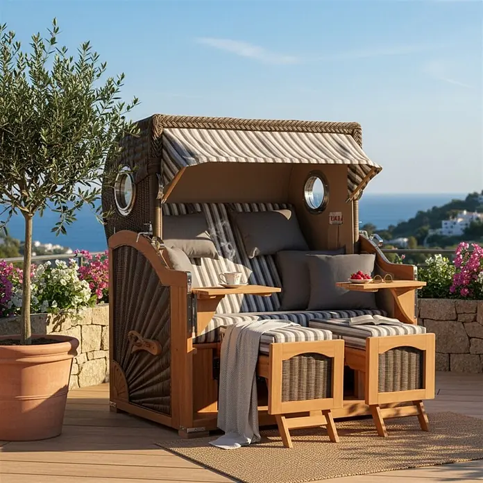 Mr. Deko Strandstuhl Strandkorb Düne Grande Bullauge Teak PE Grey Dessin 545 - 1 Stk., Teakholz. Polyrattan, Rückenlehne verstellbar, PE Grey - Ein brauner Strandkorb aus Korbgeflecht und Holz mit gestreiften Polstern und verstellbaren Fußstützen auf einer Holzterrasse mit Meerblick.