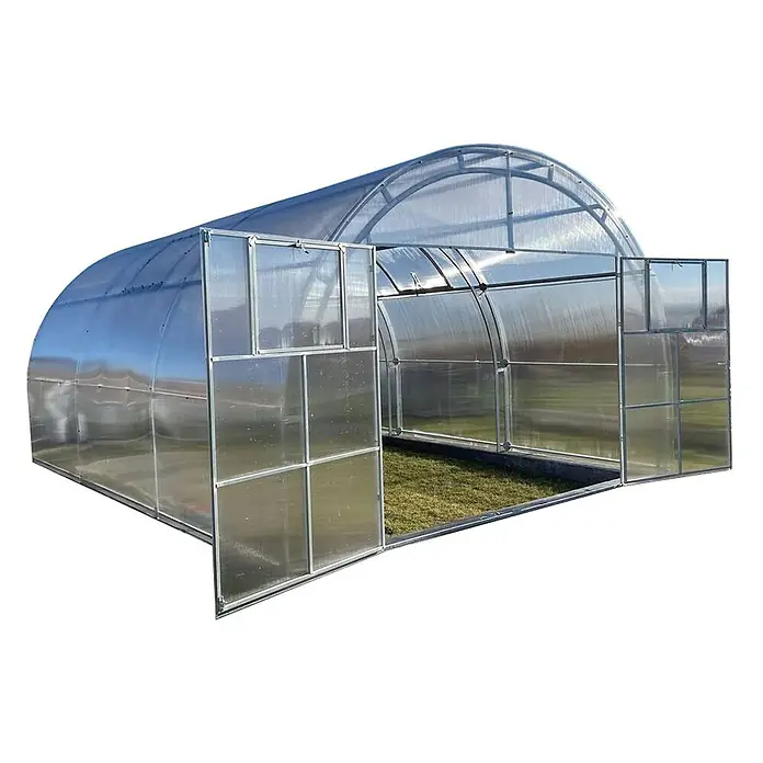 Garten Dream Gewächshaus Oasis, 10mm Polycarbonat - Außenmaß inkl. Dachüberstand (B x T): 400 x 600 cm, Material Seitenwand: Kunststoff, 10 mm, Silber - Gewölbtes Polycarbonat-Gewächshaus mit Metallrahmen und offenen Vordertüren, innen grünes Gras.