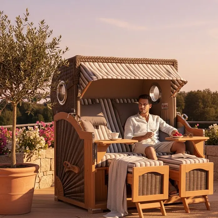Mr. Deko Strandstuhl Strandkorb Düne Grande Bullauge Teak PE Grey Dessin 545 - 1 Stk., Teakholz. Polyrattan, Rückenlehne verstellbar, PE Grey - Ein Mann entspannt in einem luxuriösen Strandkorb aus Holz und Geflecht mit gestreiften Kissen und Verdeck auf einer Terrasse.