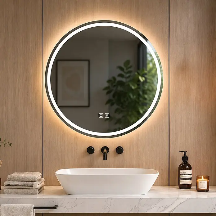 Espejo con luz Elite - Diámetro: 80 cm, Blanco frío, Redonda, Función antivaho - Espejo de baño LED redondo retroiluminado con borde iluminado y controles táctiles.