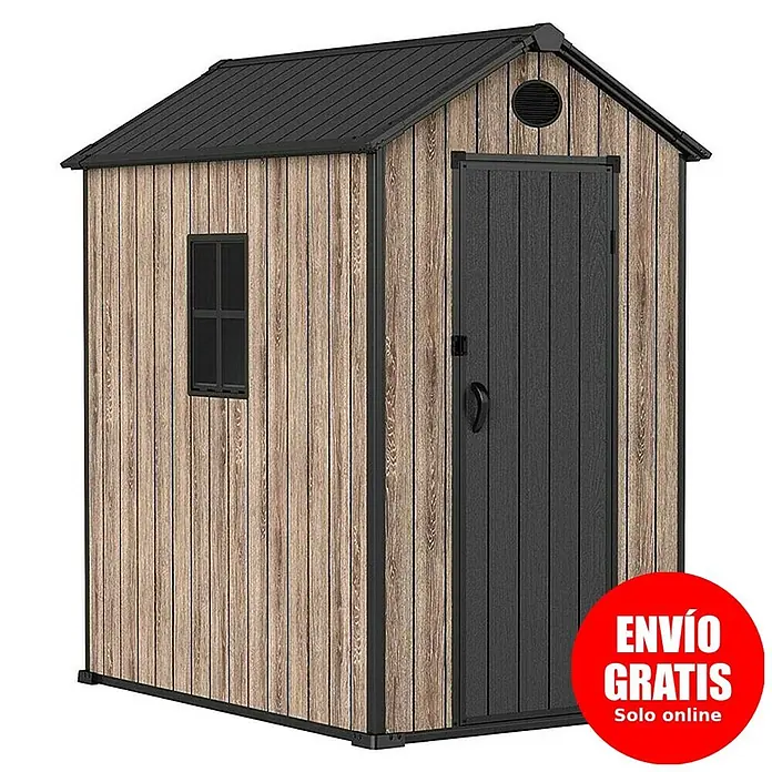 Hoggar Caseta de jardín Oak 030 - Medidas ext. (An x Pr): 147 x 179 cm, Plástico, Marrón/Antracita, 2,7 m² - Caseta de jardín efecto madera con techo, puerta y ventana negros. Ideal para almacenaje exterior.