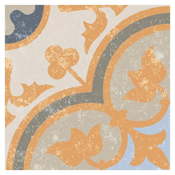 Feinsteinzeugfliese Casablanca - 20 x 20 cm, Coralle, Matt - Dekorfliese im Used-Look mit abstrakten Blumen- und Geometrie-Mustern in Orange, Grau, Blau, Beige.