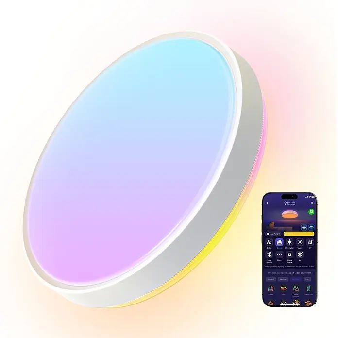 Govee LED-Deckenleuchte rund - 24 W, Weiß, RGBW, Durchmesser: 38,1 cm - Ovale smarte Deckenleuchte mit Farbverlauf (blau, lila, gelb) und ein Smartphone mit Steuerungs-App.