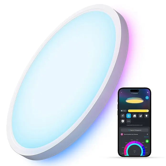 Govee LED-Deckenleuchte rund - 24 W, Weiß, RGBW, Durchmesser: 30,48 cm - Ovale smarte Deckenleuchte mit weißem Rahmen, hellblauem Licht und lila/rosa Seitenleuchten, daneben eine Smartphone-App.