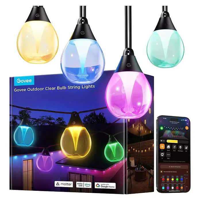 Govee LED-Lichterkette - Innen, Lichtfarbe: RGBW, Anzahl Leuchtmittel: 15 Stk. - Govee Outdoor Lichterkette mit klaren Glühbirnen in leuchtenden Farben, Produktbox und Steuerungs-App.