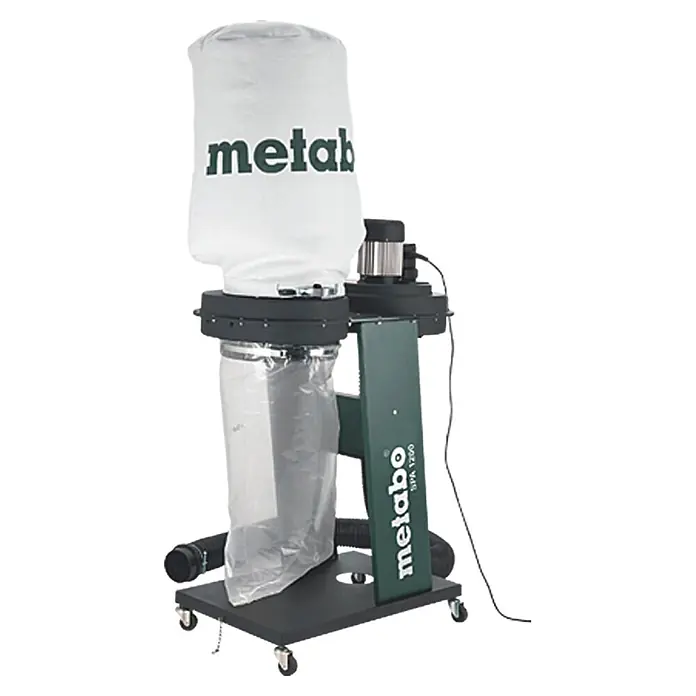 Metabo Equipo de aspiración SPA 1200 - Potencia de aire máx.: 900 m³/h, Capacidad del depósito: 65 l, 0,55 kW - La imagen muestra un aspirador de polvo Metabo SPA 1200 con bolsa de filtro y chasis. Ideal para talleres para la aspiración de polvo.